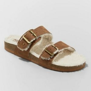 OPEN TOE MULTI STRAP SHERPA FOOTBED SLIDE SANDALS